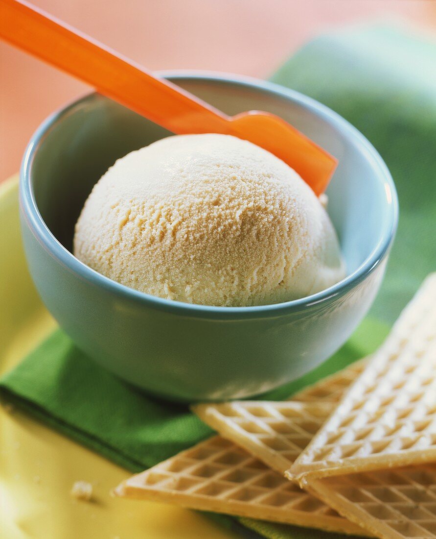 Caramel ice cream in blue bowl