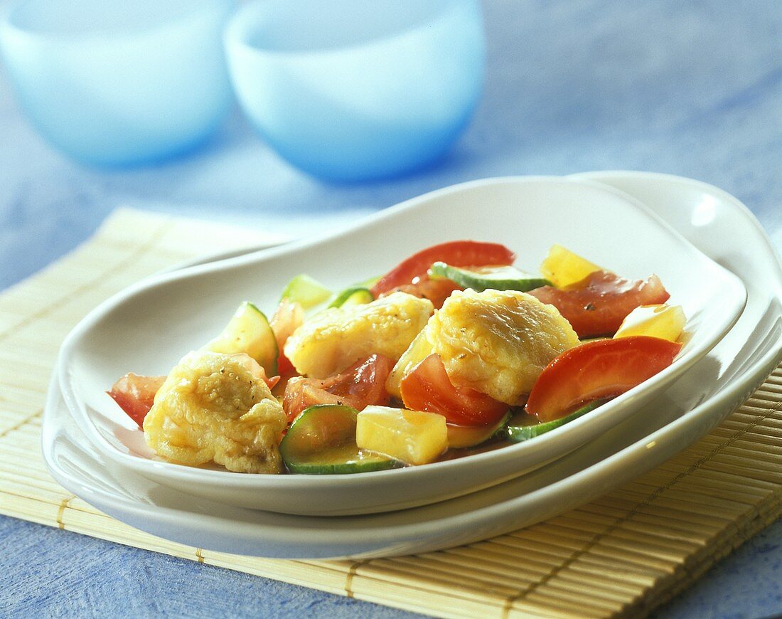 Sweet & sour fish with vegetables & pineapple cooked in wok