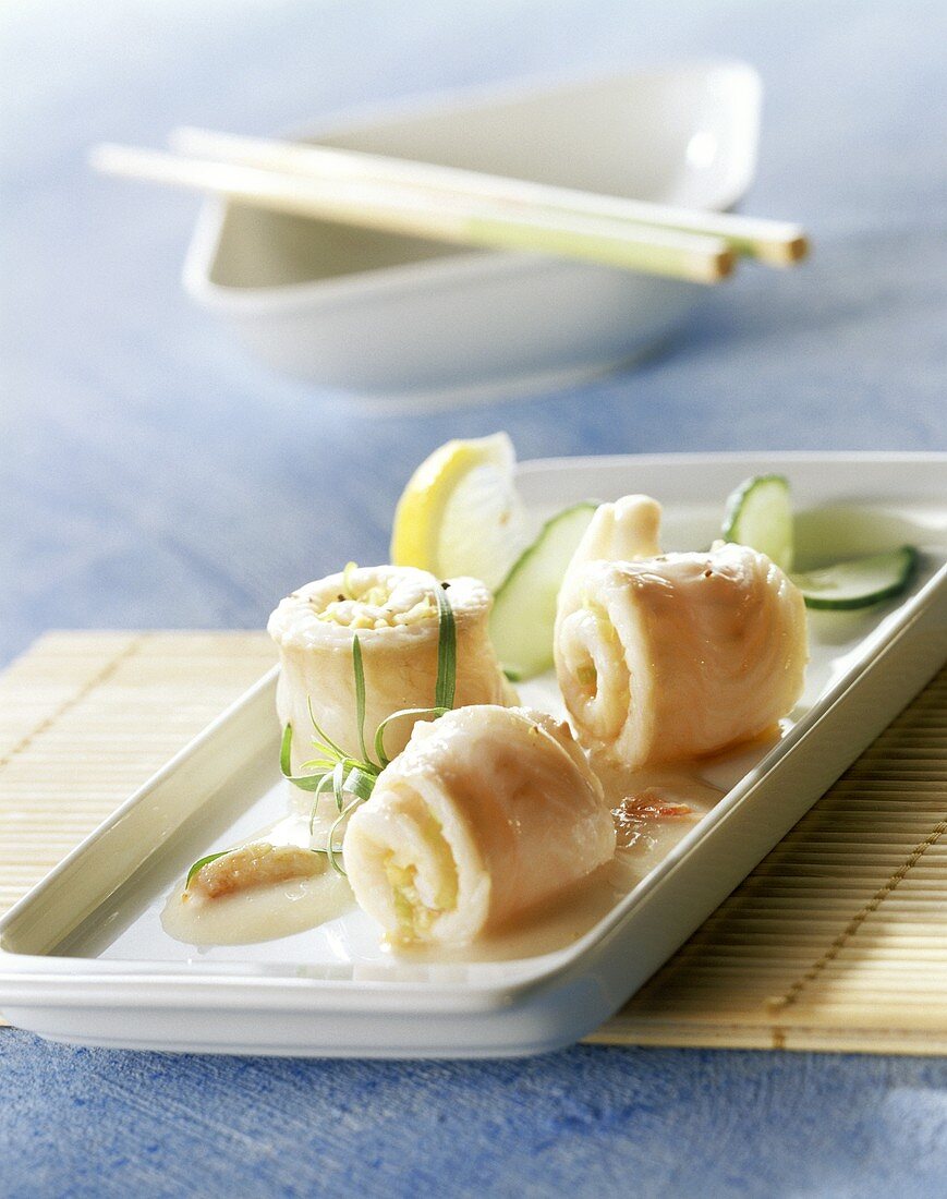 Steamed sole rolls with cucumber, tarragon and lemon