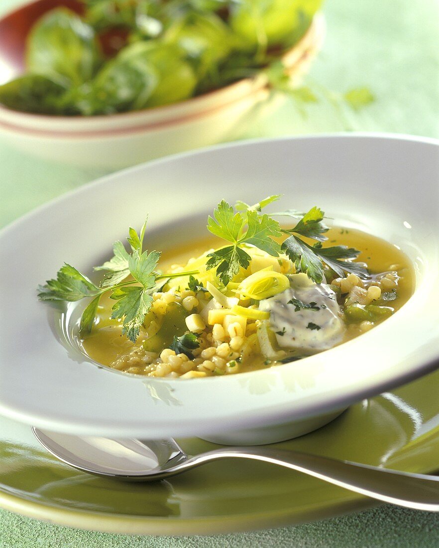 Pearl barley soup with herbs and vegetables