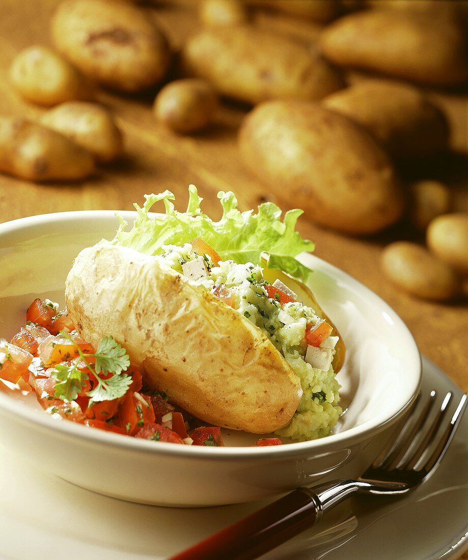 Baked potato with vegetable mousse and tomatoes; potatoes