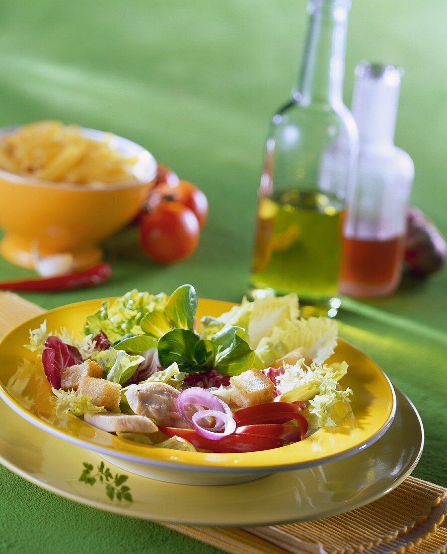 Gemischter Salat mit Pute, Paprika und Croûtons