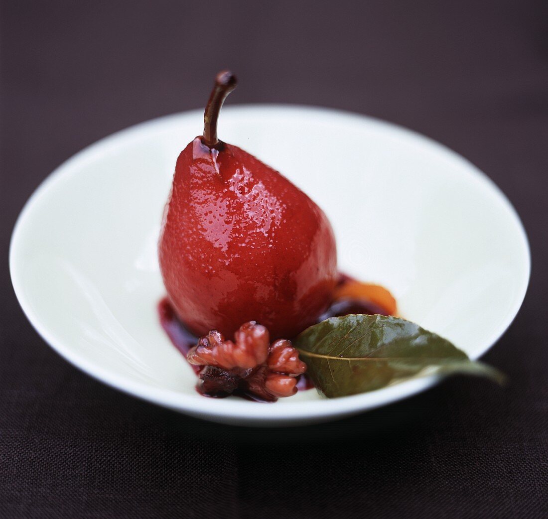 Red wine pear with walnuts