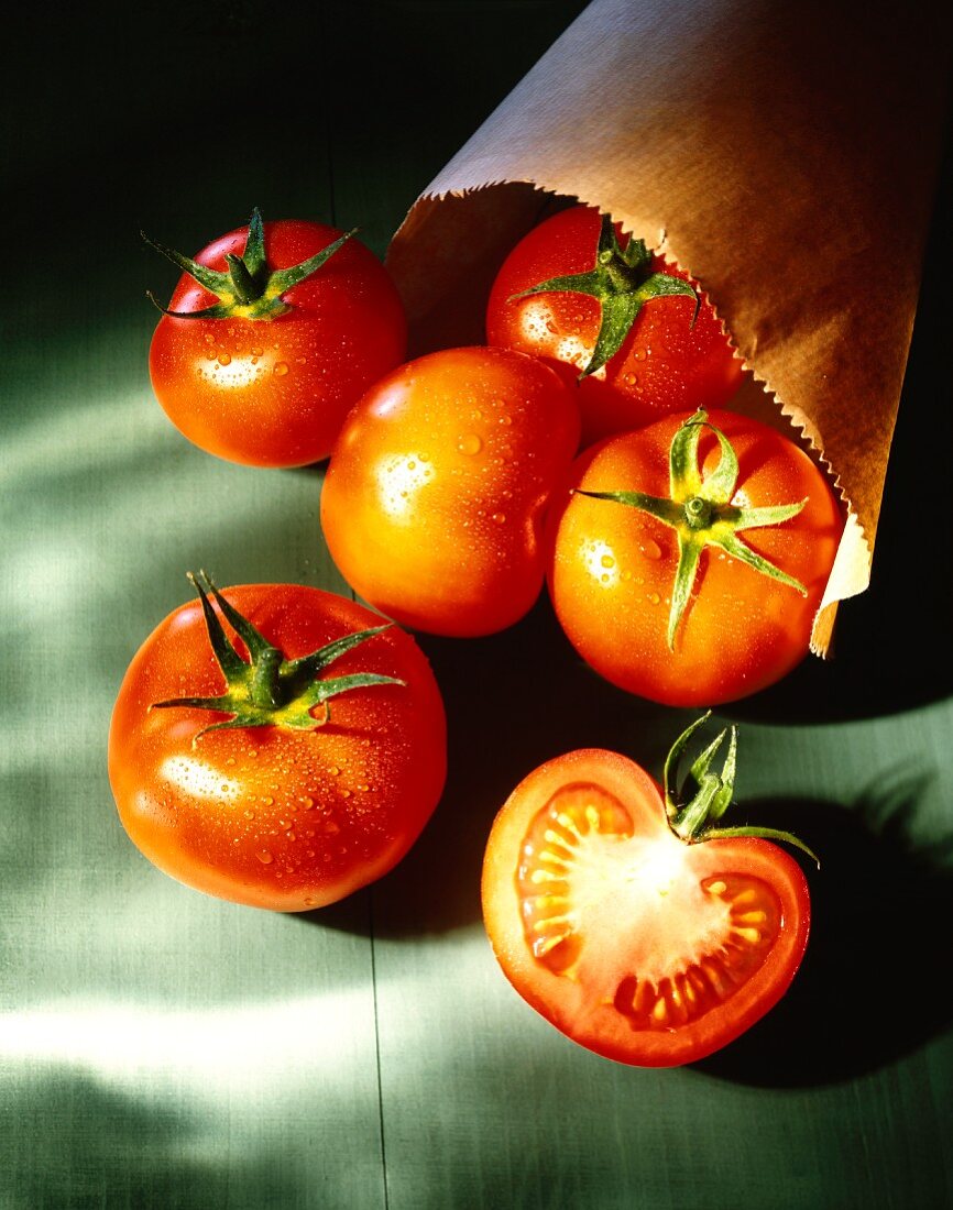 Tomaten mit Wassertropfen, teilweise in Papiertüte