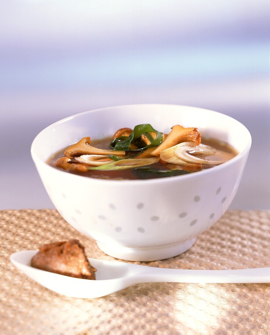 Miso soup with chanterelles