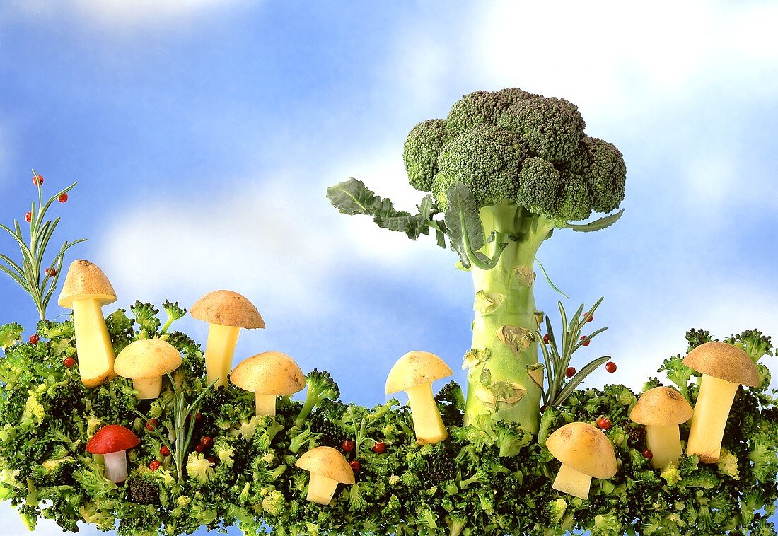 Broccoli meadow with potato mushrooms and broccoli tree