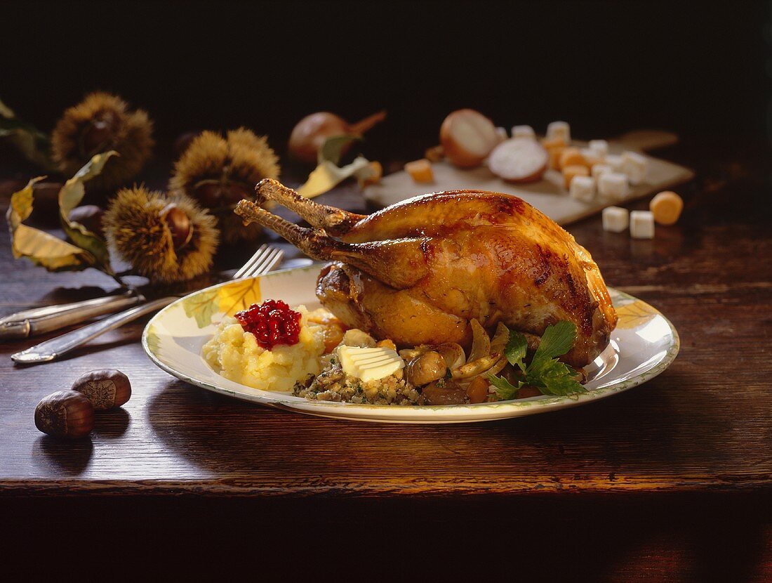 Roast pheasant with sweet chestnuts and mashed potato