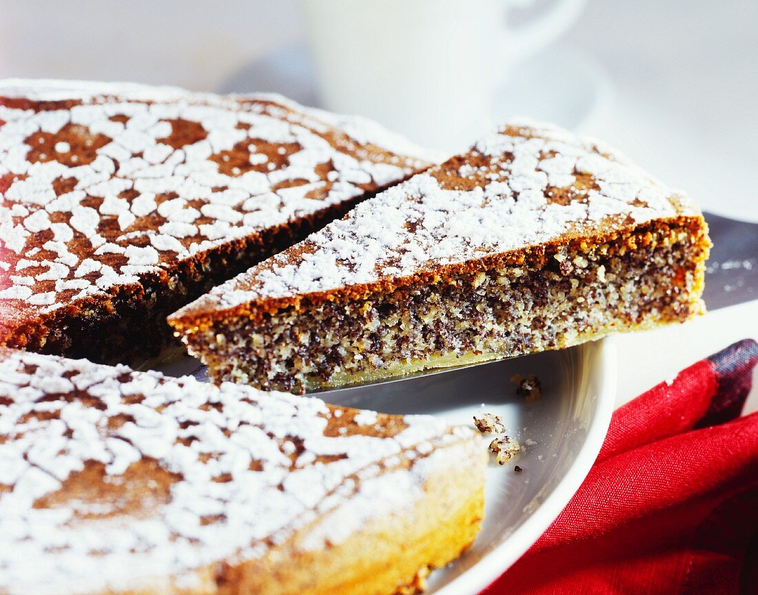 Poppy seed cake with icing sugar (pieces cut)