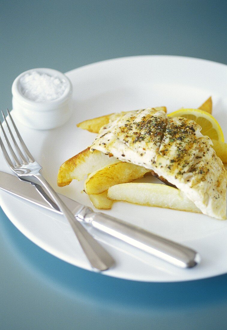 Fisch und Chips mit Salz auf Teller