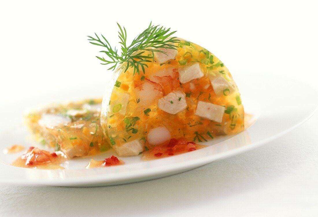 Fish, shrimps and herbs in jelly