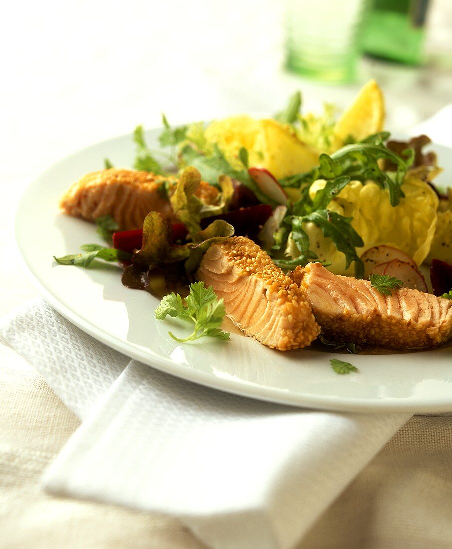 Green salad with sesame-coated salmon