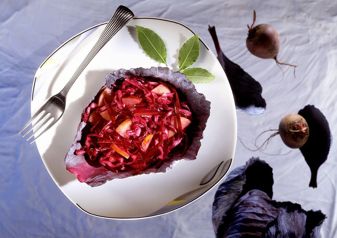 Red cabbage and beetroot in red cabbage leaf