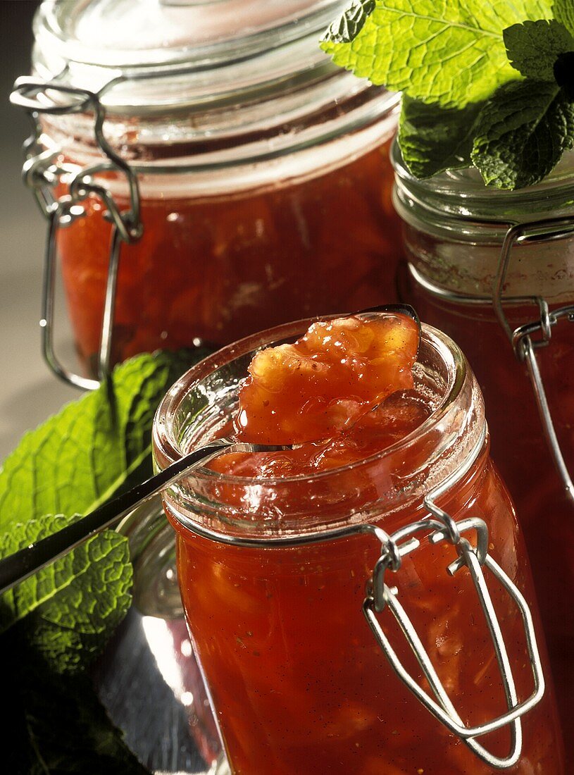 Nectarine jam in jars
