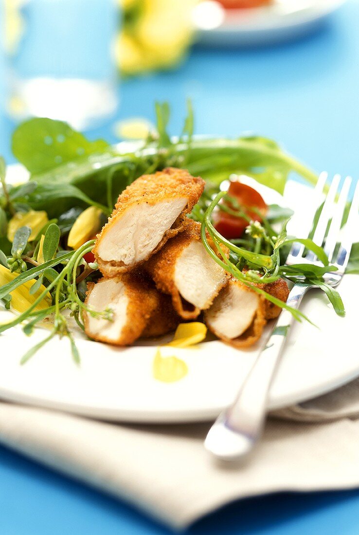 Wild herb salad & chicken breast in zwieback (rusk) panade