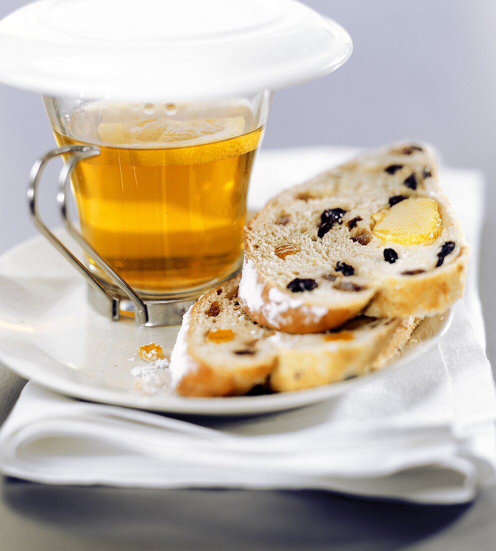 Marzipan and raisin stollen with tea