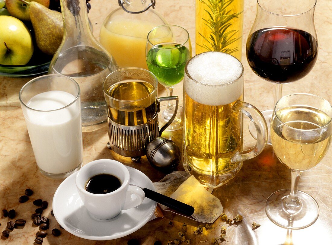 Various warm and cold drinks, wine and beer