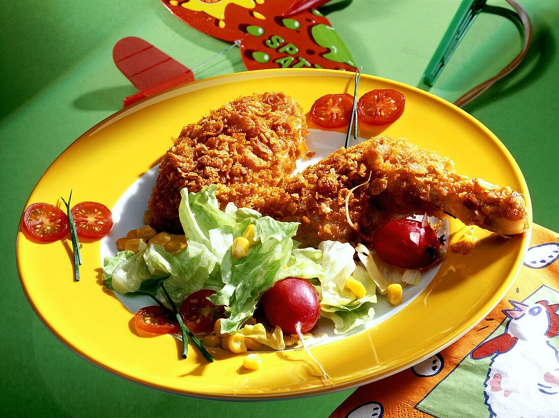 Chicken in cornflake crust with salad for children