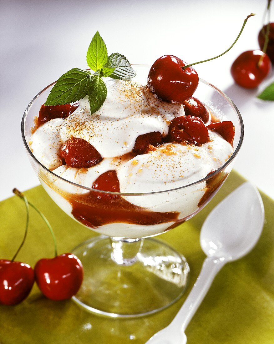 Creamy quark mousse with cherries and ginger