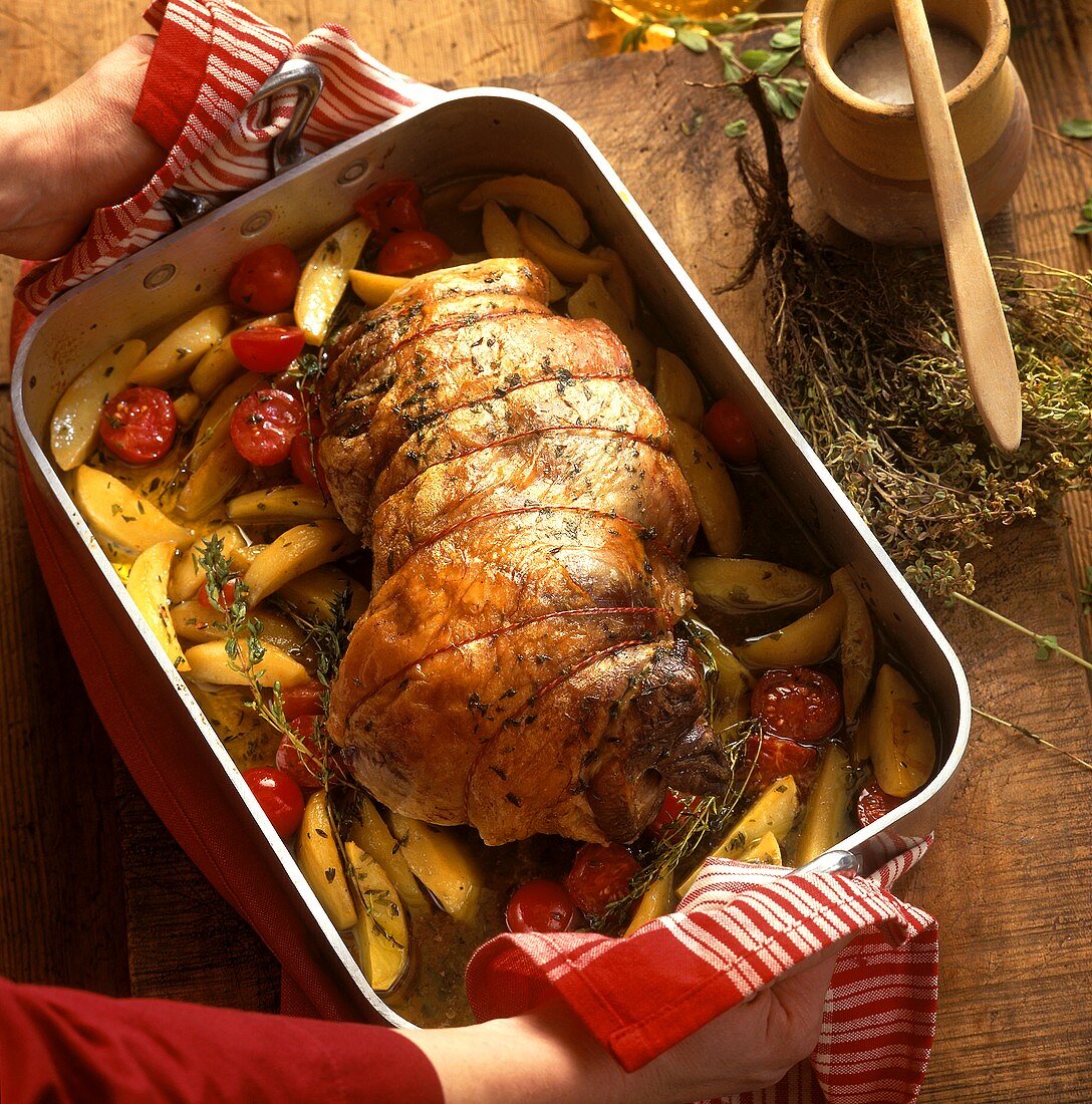 Provencal roast lamb, pistou and rosemary potatoes