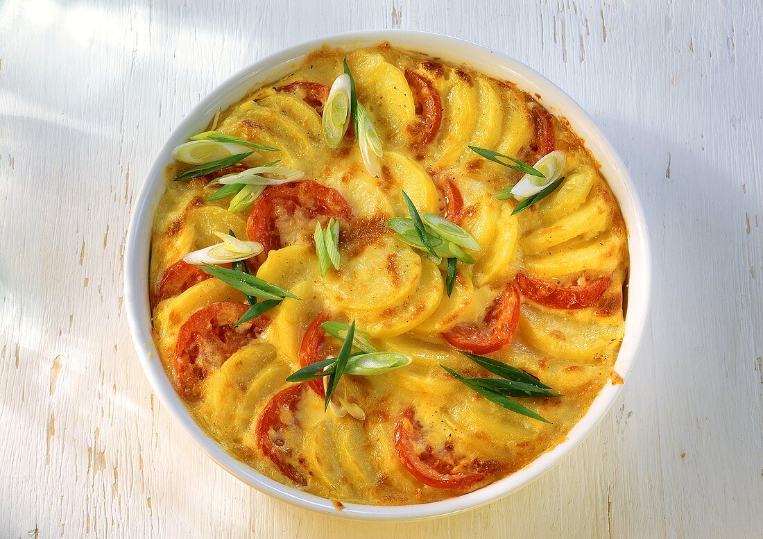 Potato and tomato gratin with cheese and spring onions