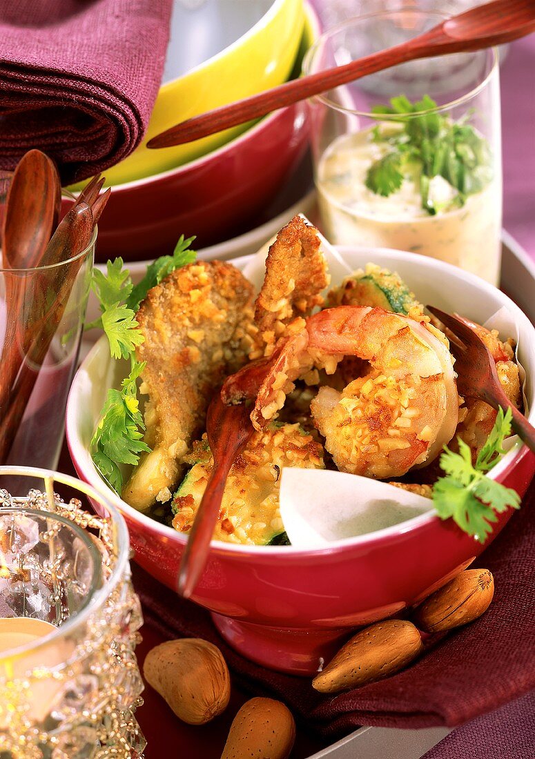 Shrimps, meat and vegetables in almond panade with dip