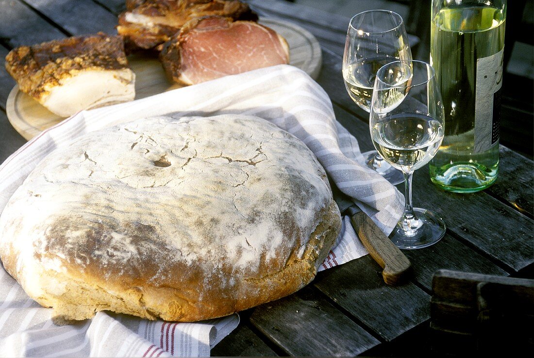 Rye bread, bacon and white wine from Austria