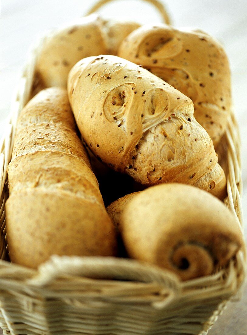 Assorted bread rolls in bread basket