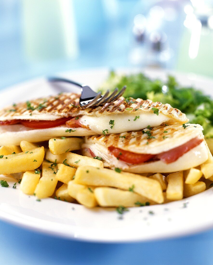 Grilled focaccia with mozzarella and tomatoes on chips