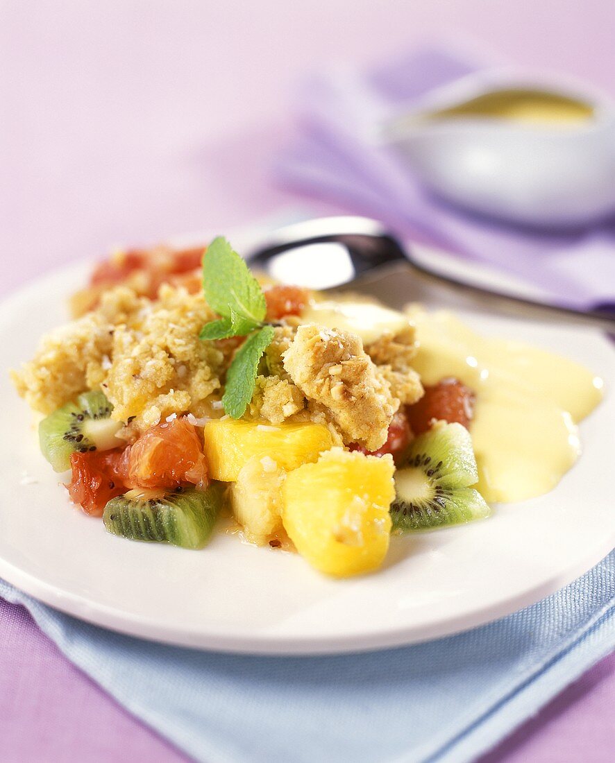 Coconut gratin with fruit and custard