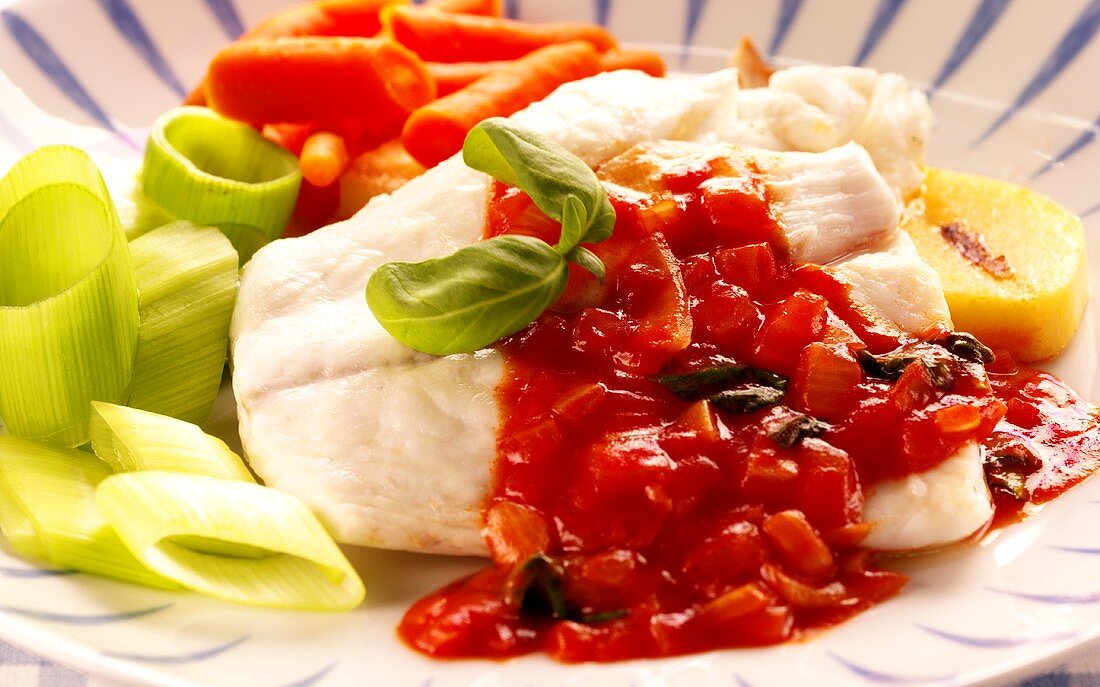 Turbot with tomato and olive sauce and vegetables