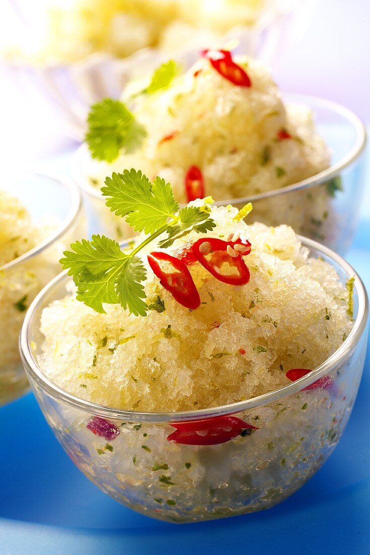 Lime sorbet with chili peppers and coriander leaves