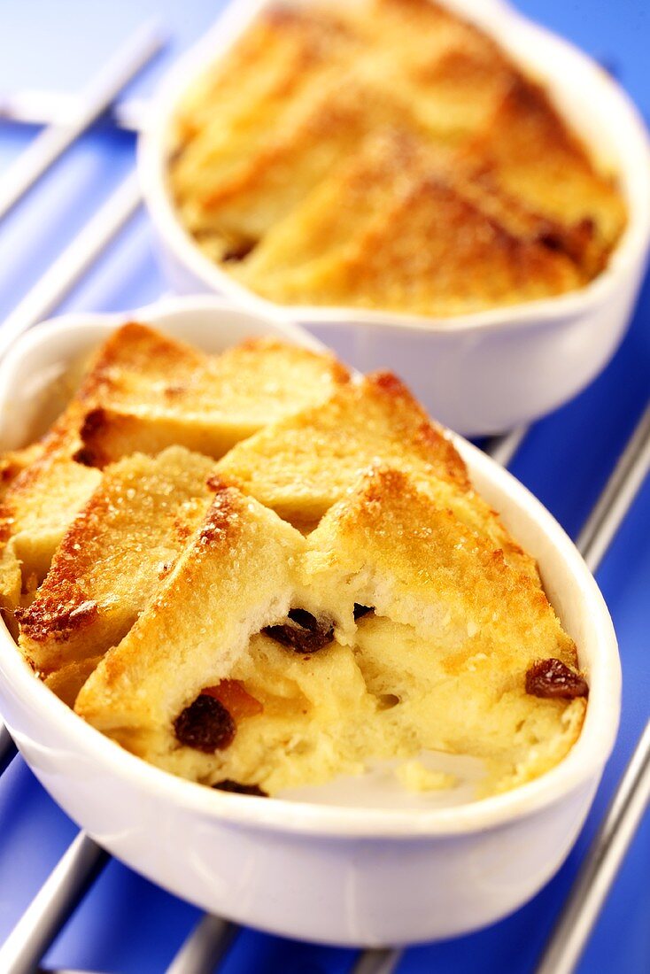 Bread pudding with raisins in baking dish