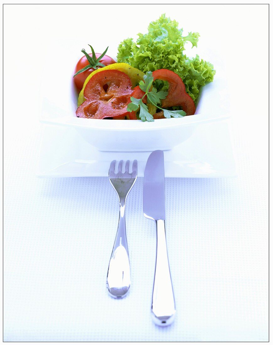 Salad ingredients on white plate; cutlery