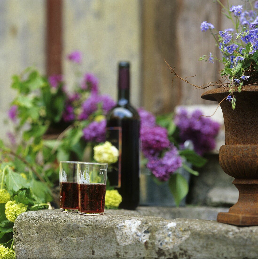 Rotweingläser und Rotweinflasche auf Steintrog mit Blumen