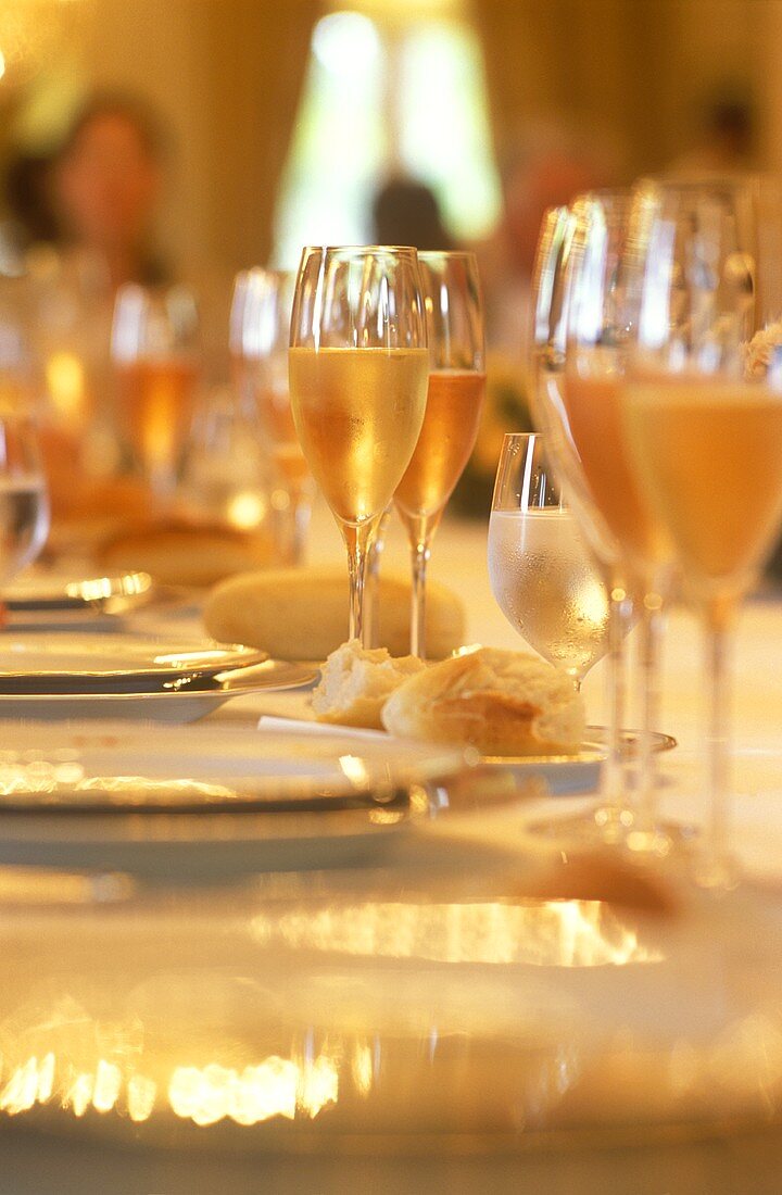 Champagne glasses on festive table
