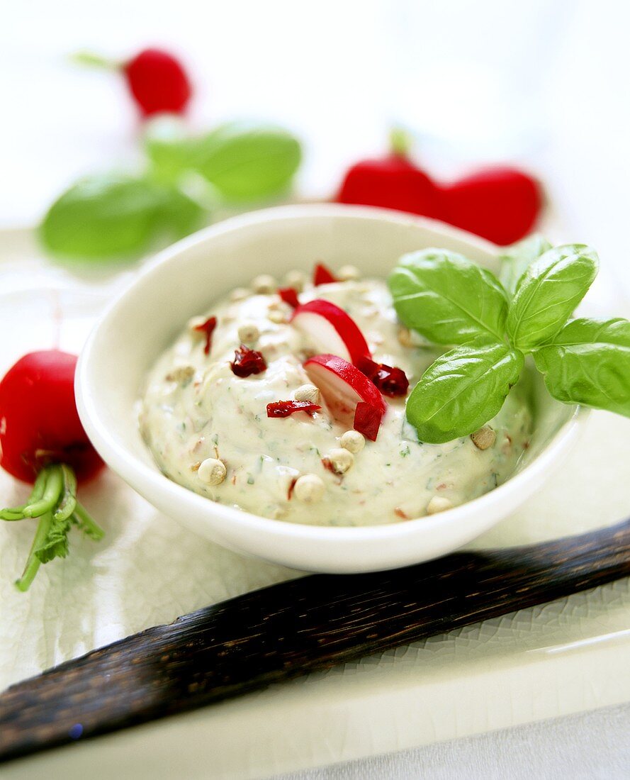 Cheese spread with radishes and basil