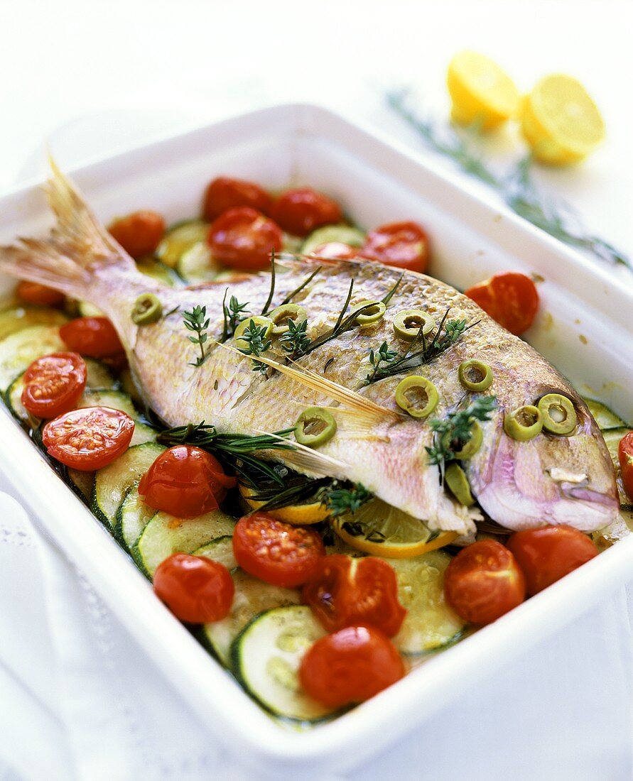 Sea bream, Mediterranean style, with tomatoes and courgettes