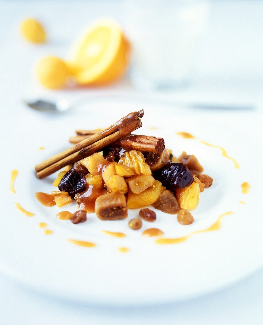 Dried fruit compote with cinnamon sticks