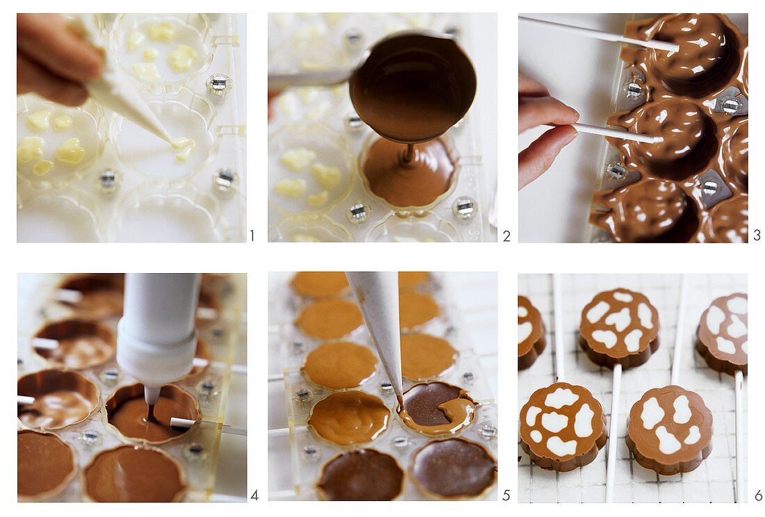 Making two-colour (cow markings) chocolates with paper sticks