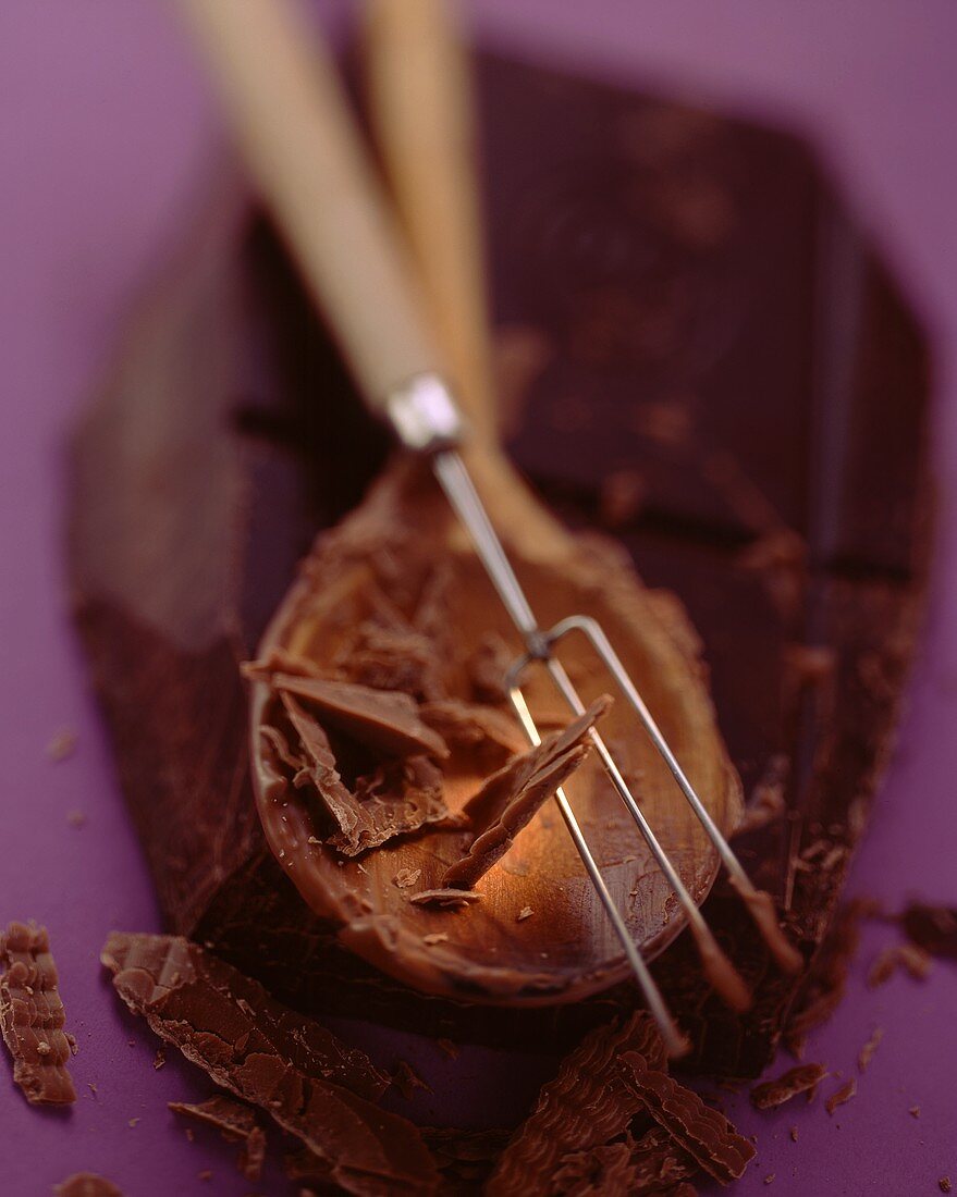 Wooden spoon with fork on chocolate