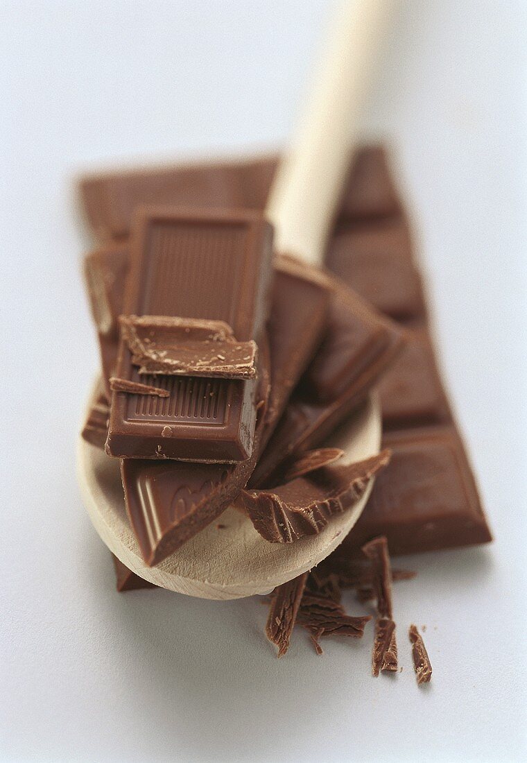 Pieces of chocolate on kitchen spoon