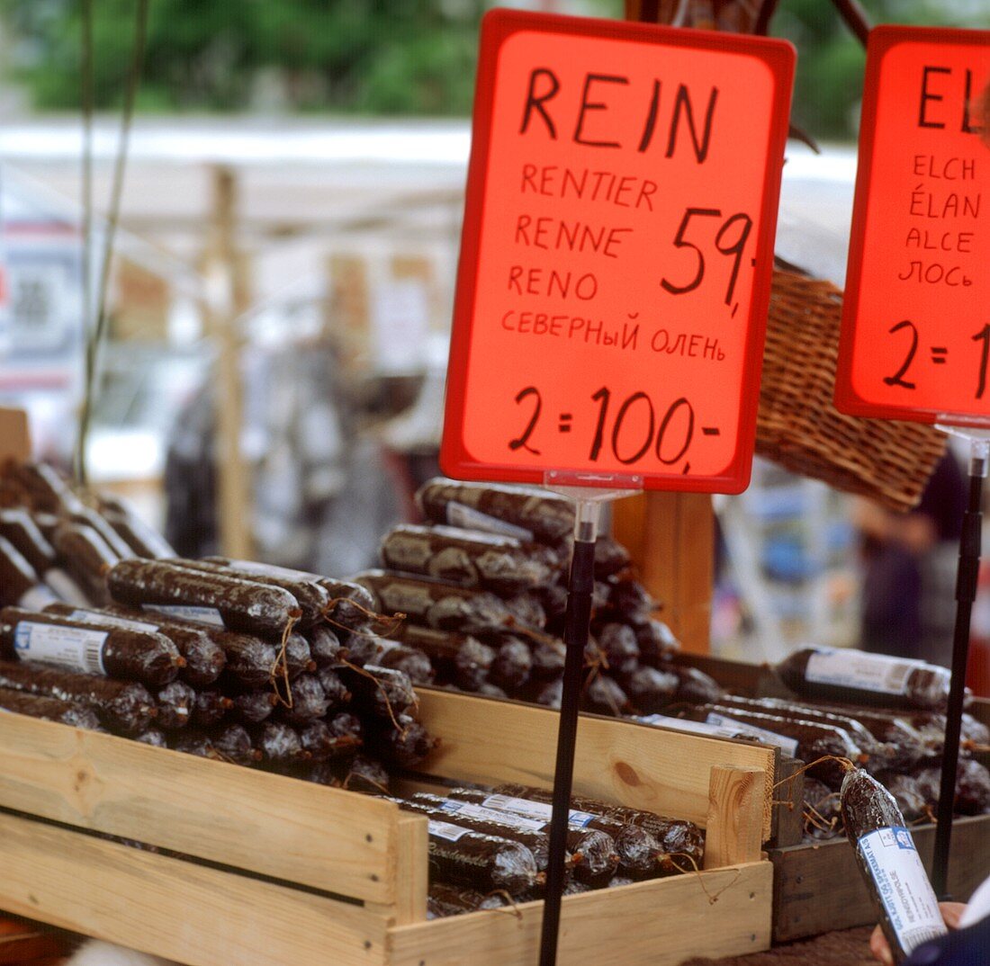 Reindeer sausages at Norwegian market