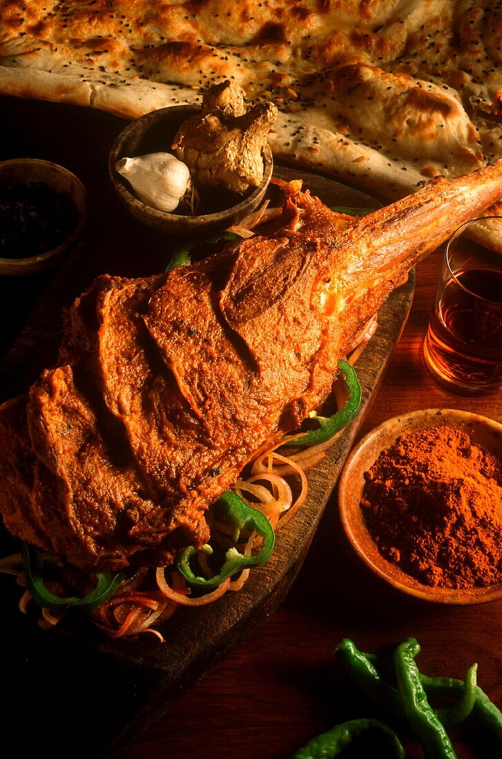 Indian leg of lamb with spices and flatbread