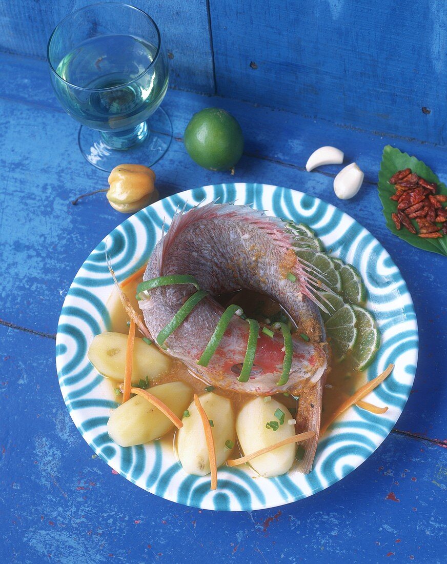 Rotbrasse mit Pellkartoffeln in Fischbrühe (Antillen)