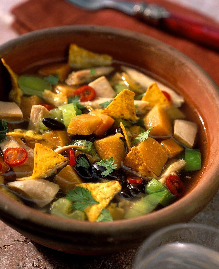 Mexican chicken stew with pumpkin and tortilla chips