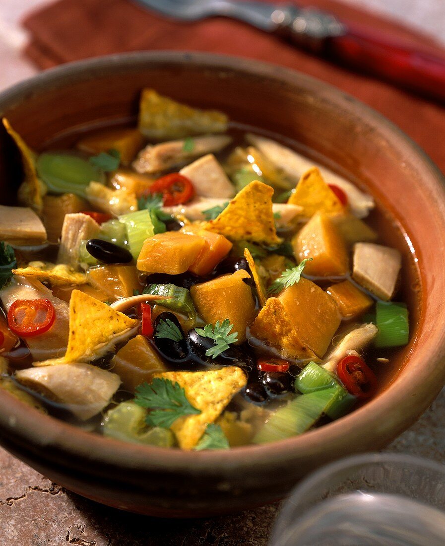 Mexikanischer Hühnereintopf mit Kürbis und Tortillachips