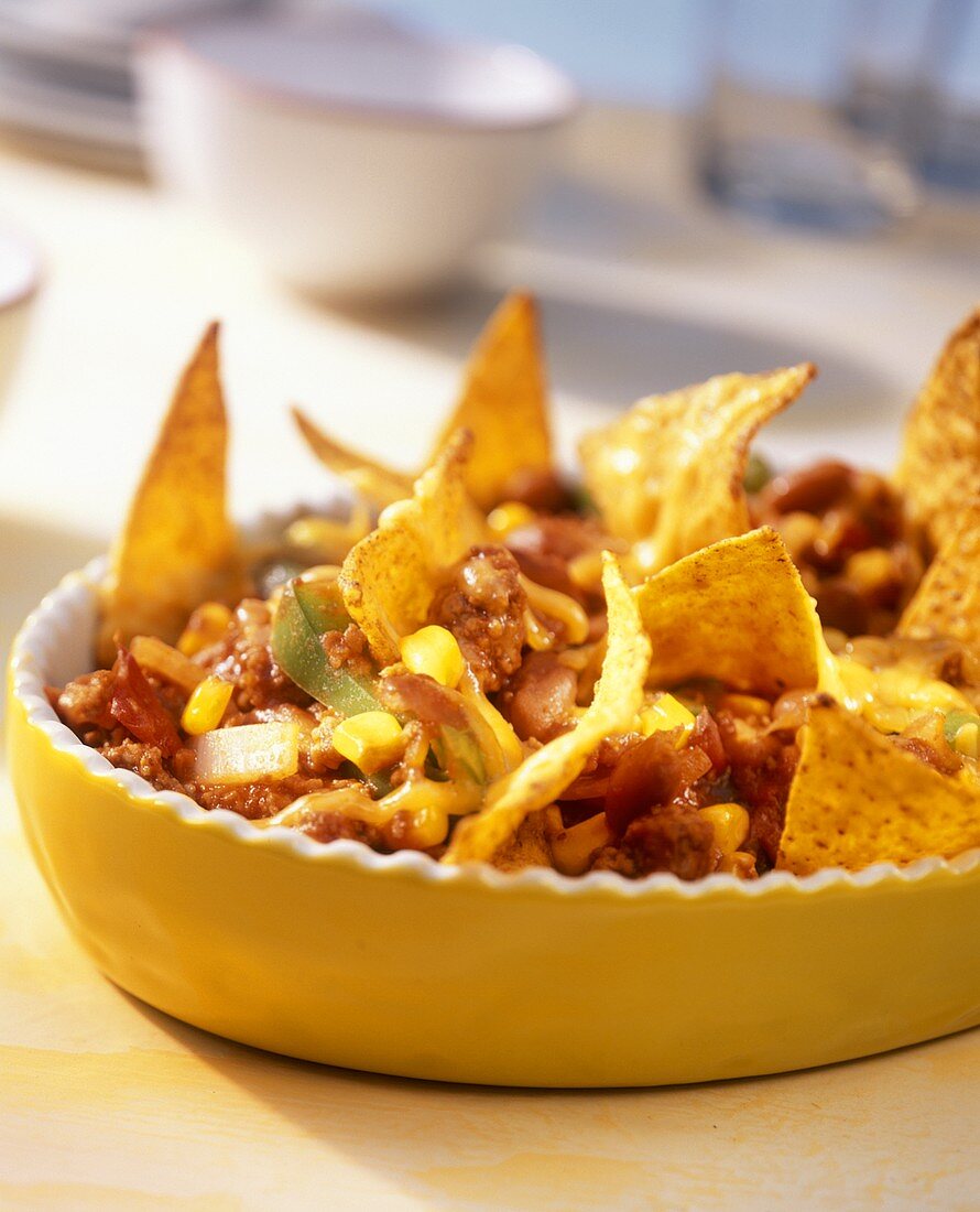 Mexican chili con carne with tortilla chips