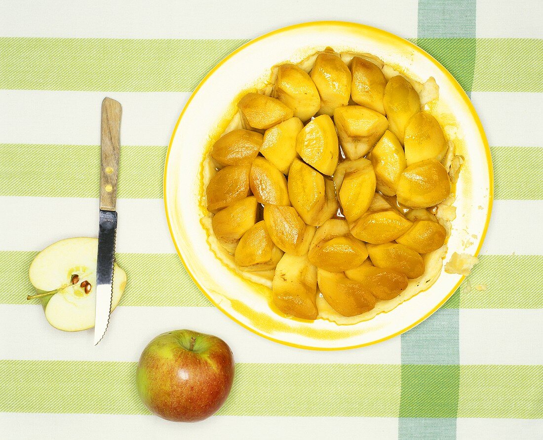 Tarte tatin on plate; knife; fresh apples