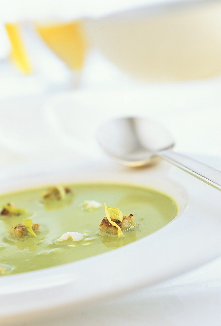 Kopfsalatsuppe mit saurer Sahne und Croûtons