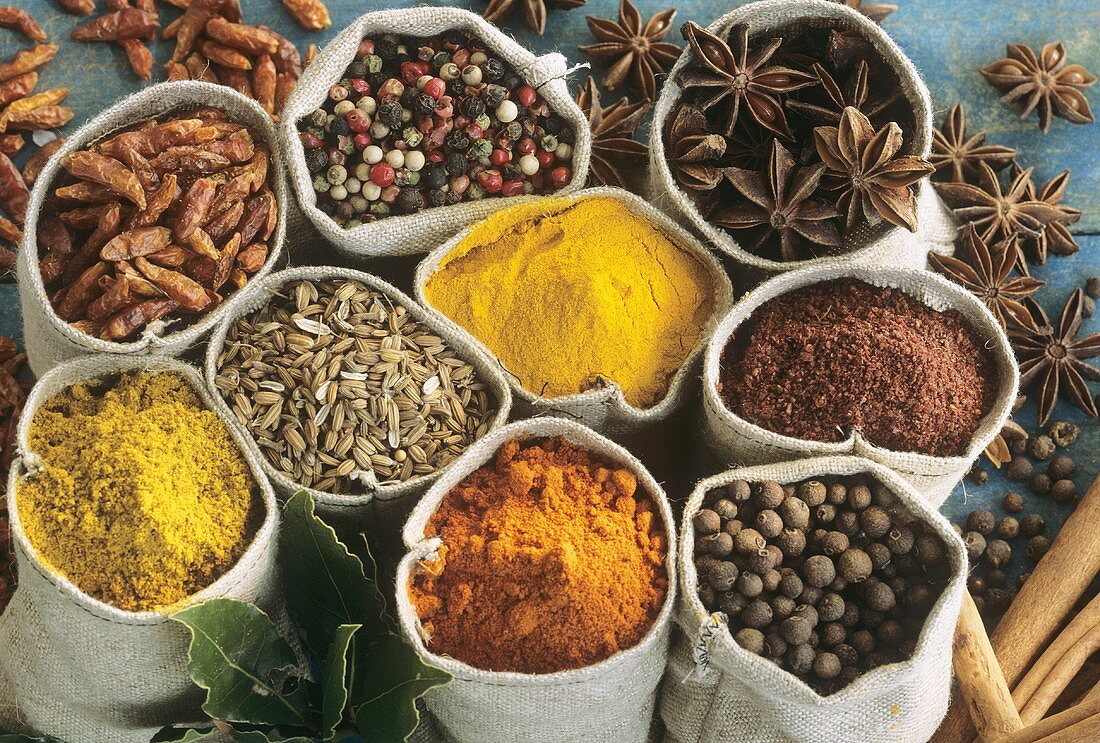 Various spices in sacks